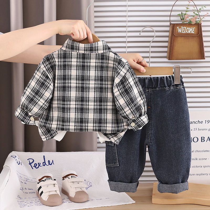 Boys' Suit 2026 New Korean Style Casual Wear for Children Spring and Autumn Plaid Shirt Cardigan Three-Piece Set Wholesale