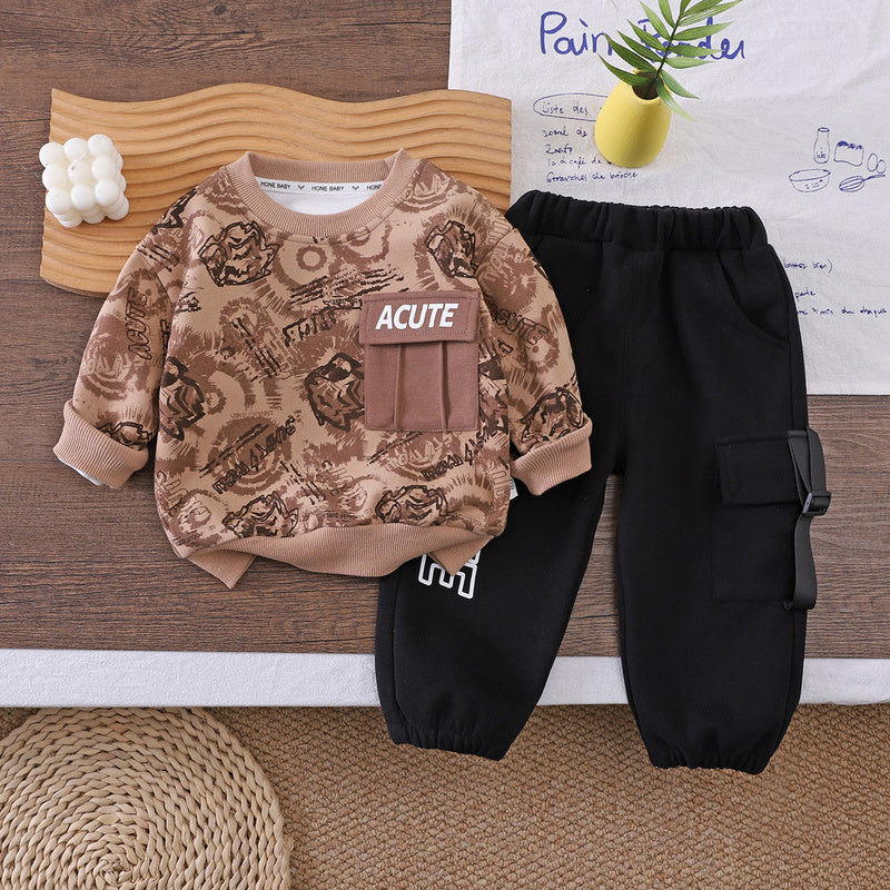 Boys' Outfit Spring and Autumn 2026 New Fashionable Children's Set, Toddler Baby Full-Print Long-Sleeve Sweatshirt Two-Piece Set Trendy