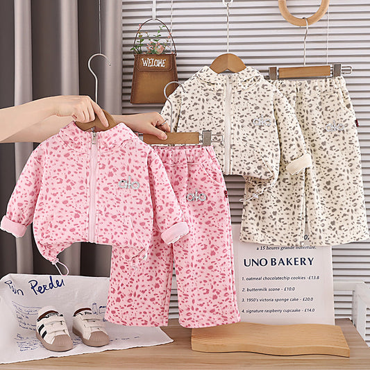 Children's Spring and Autumn Outfit for Girls, Stylish Hooded Leopard Print Jacket Set, Toddler Casual Sports Two-Piece Clothing Trendy