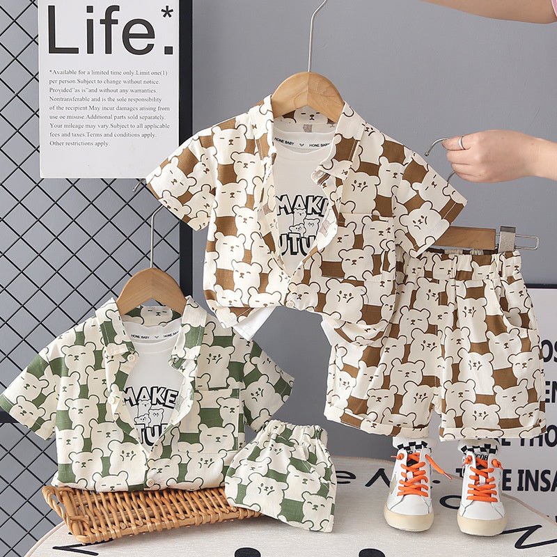 Boys' Summer Outfit 2026 New Fashionable Korean Style Thin Little Bear Shirt Short Sleeve Three-Piece Set