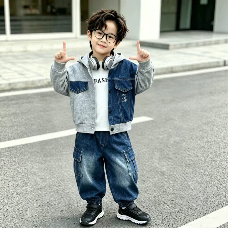 New autumn clothing children 1-3-4 years old, stylish denim color-block letter three-piece set for boys, toddler outfit, baby 2