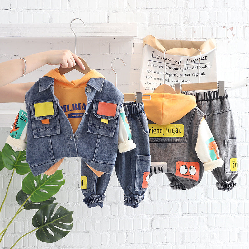 Boys' Clothing Spring and Denim Vest Three-Piece Set Children's Clothes Baby Autumn Outfit 0-1-2 Years Old Trendy