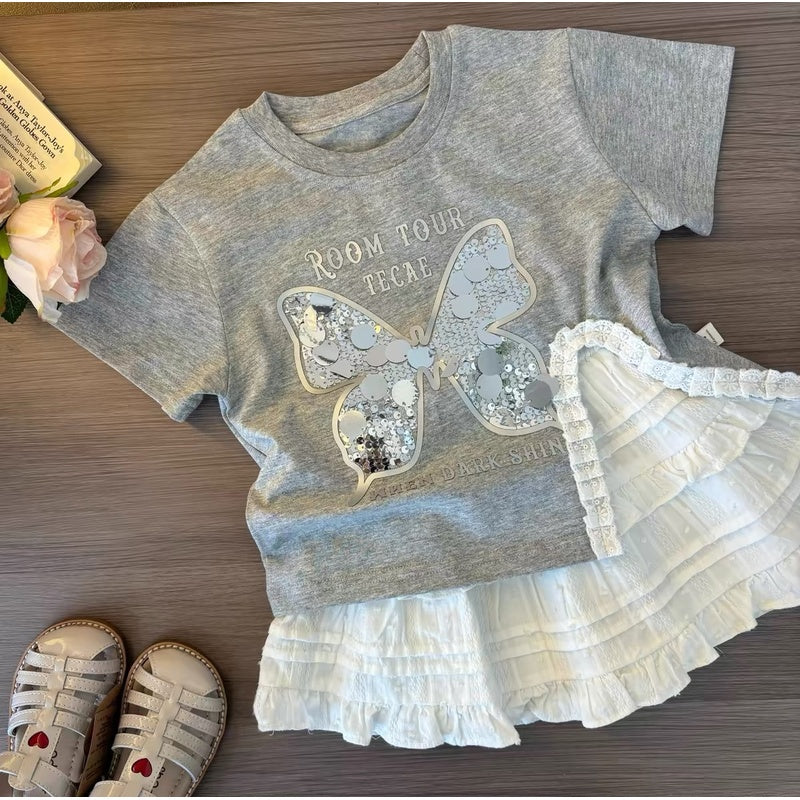 Girls' Summer Outfit 2025 New Fashionable Sequin Butterfly Short Sleeve Children's Fashion Skirt Two-Piece Set for Baby Girls