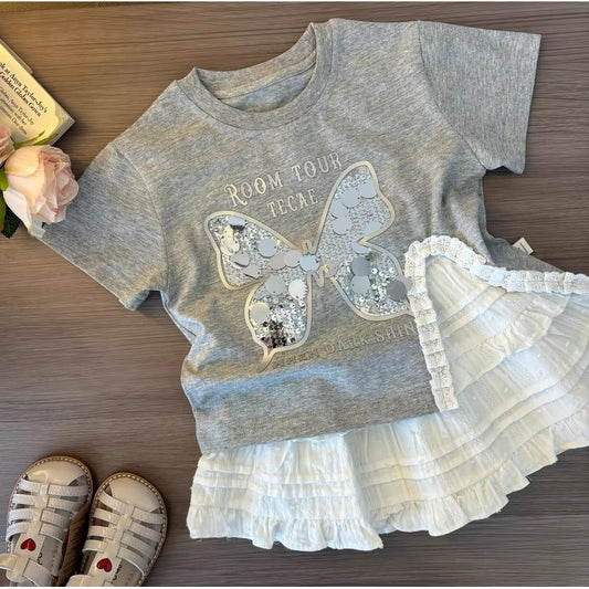 Girls' Summer Outfit 2025 New Fashionable Sequin Butterfly Short Sleeve Children's Fashion Skirt Two-Piece Set for Baby Girls