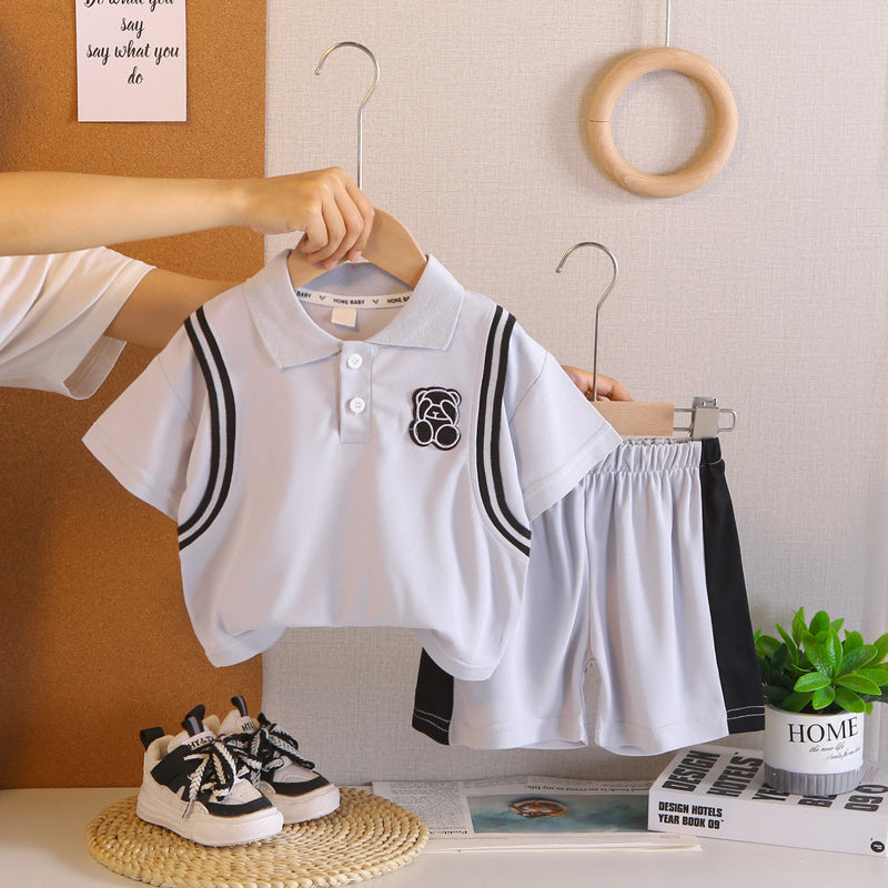 Boys' Outfit 2026 New Fashionable Little Bear Color-Block Short Sleeve Set for 1-4 Year Old Boys Summer Clothing