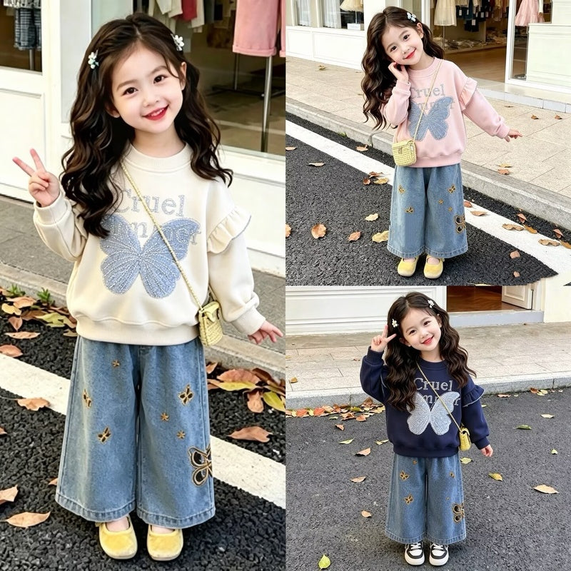 2026 Spring and New Korean Style Outfit Girls, Autumn Hollow Butterfly Jeans, Stylish Two-Piece Set for Babies