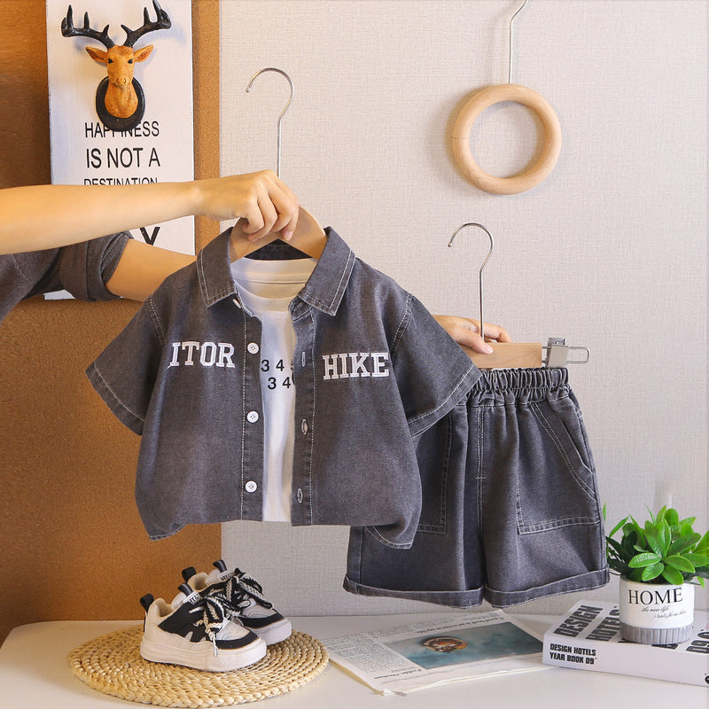 Children's clothing boys' short-sleeve 2026 new stylish summer outfit for 1-3 year old toddlers baby letter denim three-piece set