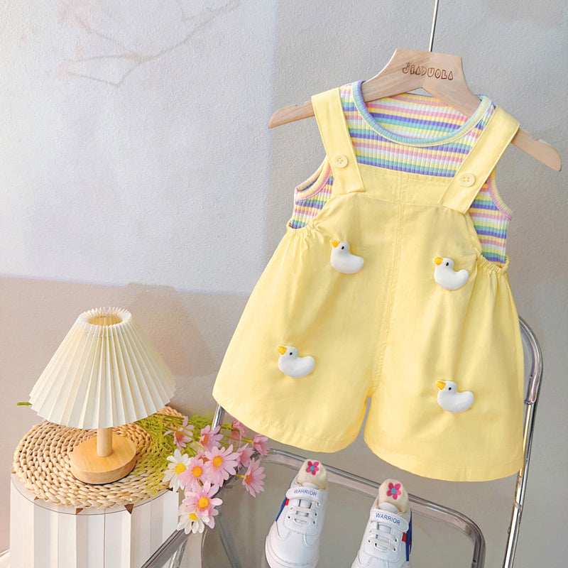 Outfit 2024 New Summer Children's Girls' Baby Colorful Striped Cartoon Overalls Short Sleeve Two-Piece Set