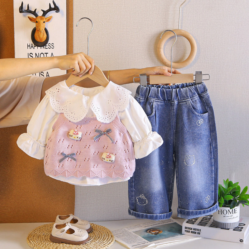 Girls' Outfit 2026 New Style Children's Spring and Fashionable Sweater Three-Piece Set Baby Autumn Cartoon Vest