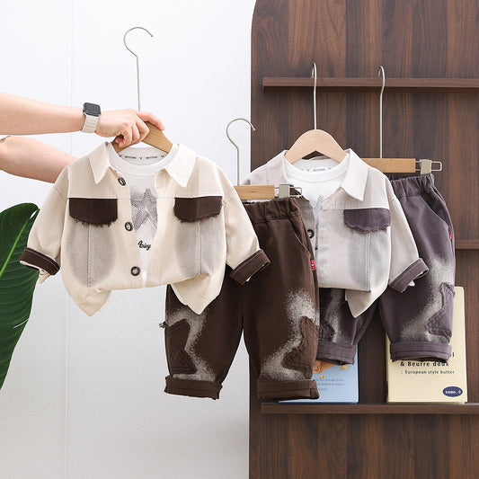 Boys' Outfit 2026 New Style Infant Children's Spring and Autumn Fashionable Baby Clothes Spray-Painted Three-Piece Set