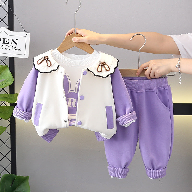 Girls' Outfit Stylish One-Year-Old Baby Clothes Fashionable Toddler Children's Spring and Autumn Ear Bunny Three-Piece Set Trendy