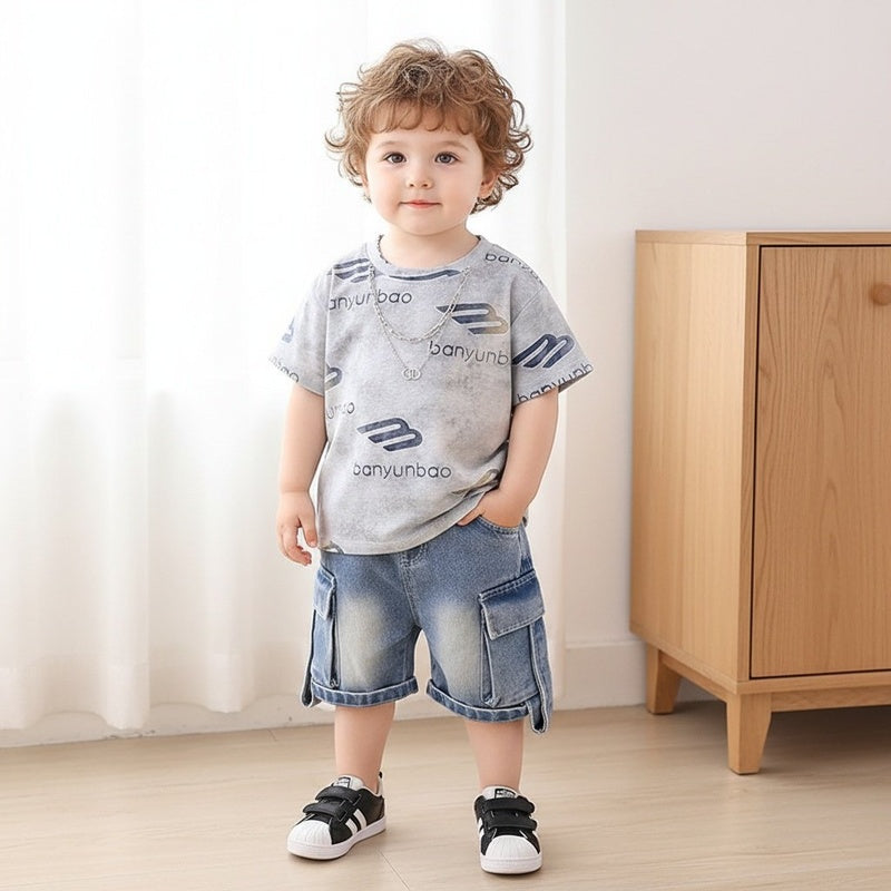 Baby Boy Outfit 2026 New Children's Clothing Boys' Summer Short-Sleeve Letter Print Two-Piece Set Trendy