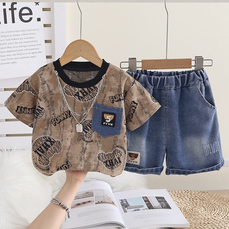 Boys' Summer Outfit Stylish Children's Full-Print Bear Head Short-Sleeve Two-Piece Set, 2026 New Fashionable Casual Clothes for Handsome Little Boys