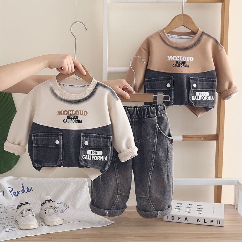 Outfit 2026 New Children's Denim Patchwork Sweatshirt Boys' Spring and Autumn Sports Casual Two-Piece Set