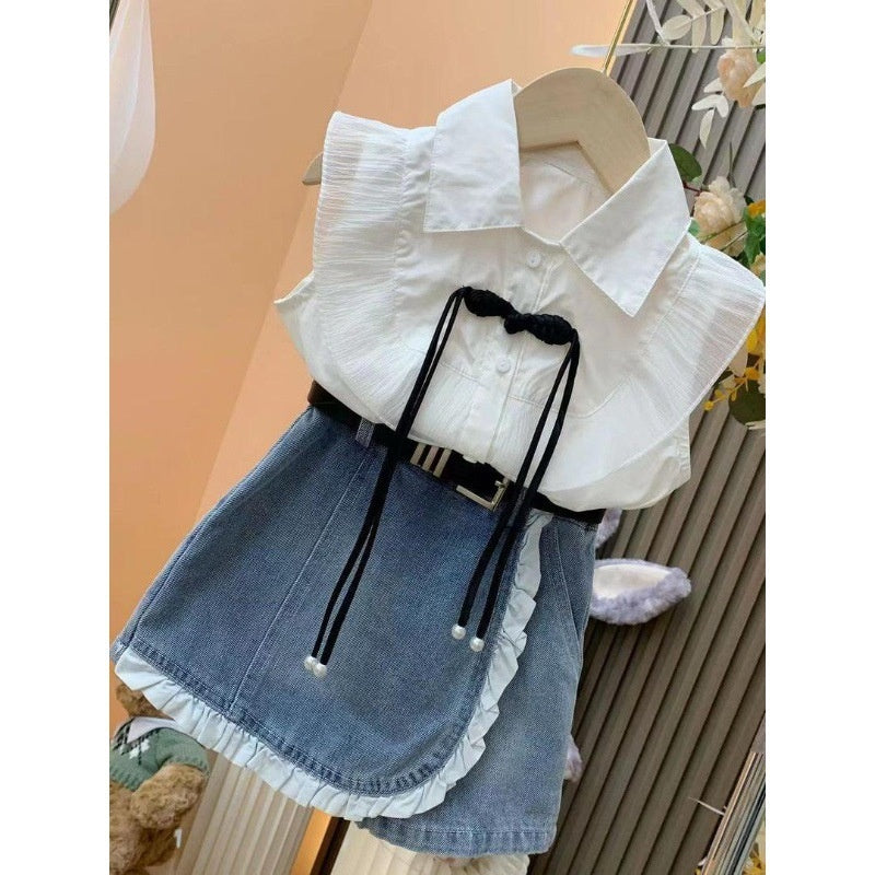 Girls' Princess Style Outfit 2024 Summer New Baby Girl Flutter Sleeve Shirt + Denim Lace Skirt Pants Two-Piece Set