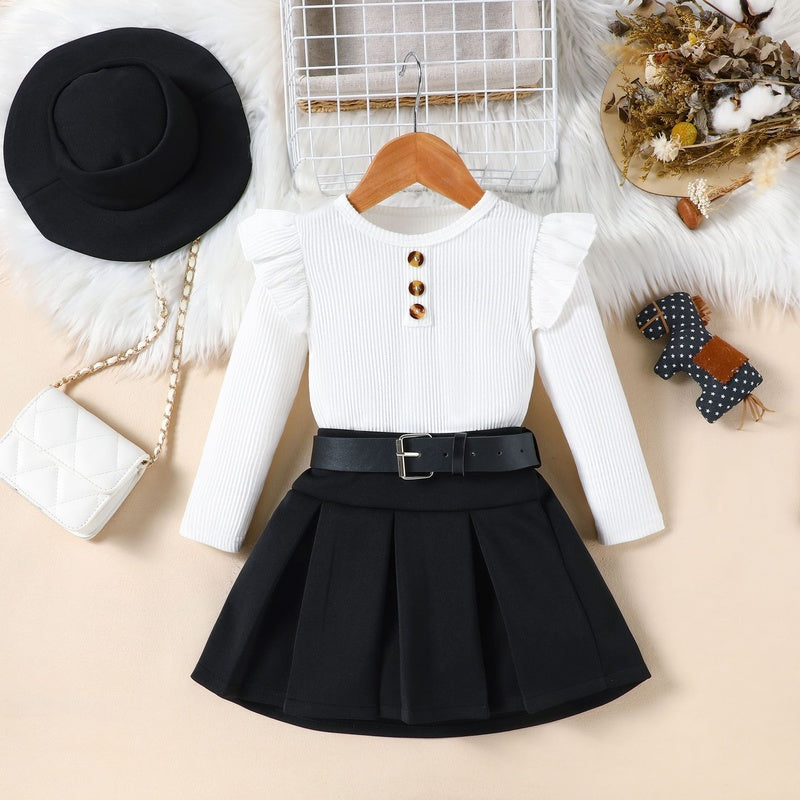 2025 European American Cross-Border Autumn New Girls' Solid Color Flutter Sleeve Top + Pleated Skirt with Belt and Hat Four-Piece Set