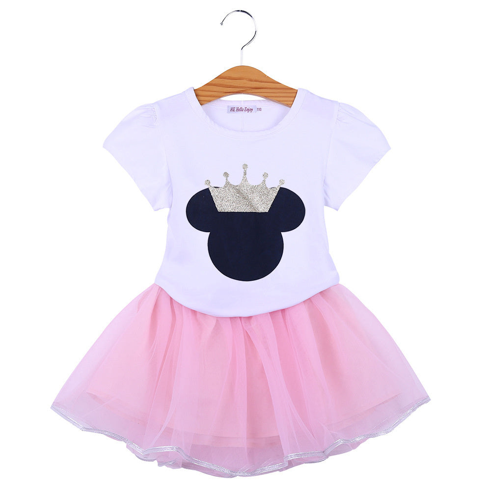 2023 New Fashion Casual Children's Clothing Korean Style Girls' Summer Outfit Cartoon Short Sleeve T-shirt + Mesh Skirt Two-piece Set