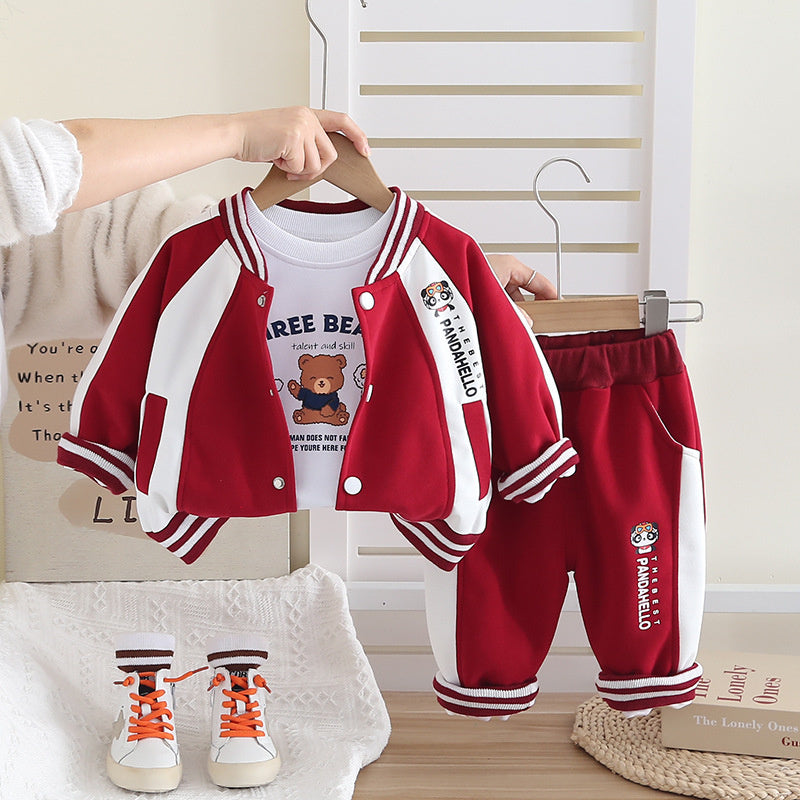 Sports Suit 2025 New Style Boys' Spring and Autumn Fashionable Color Block Baseball Jacket Three-Piece Set Trendy