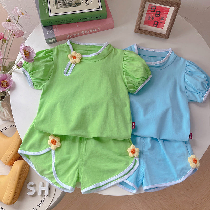 Girls' Summer Chinese Style Floral Short Sleeve 2026 New Fashionable Children's Casual Shorts Two-Piece Set