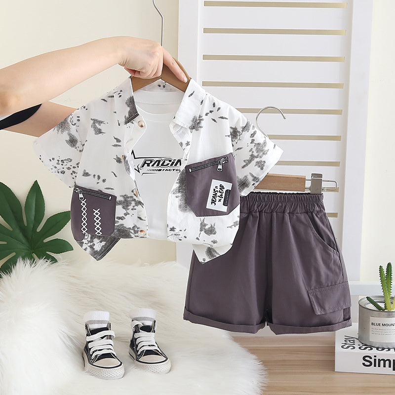 Boys' Outfit 2026 New Short-Sleeve Casual Baby Clothes Children's Summer Zipper Patchwork Three-Piece Trendy Set