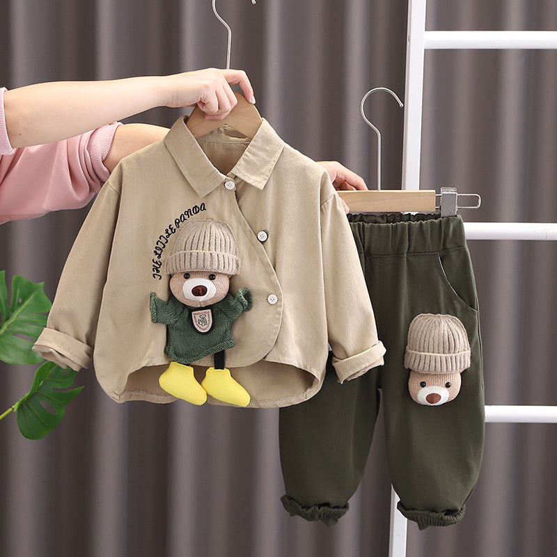 Baby Stylish Fashionable Outfit 2025 New Children's Plush Bear Shirt Two-Piece Set Boys Spring and Autumn Long Sleeve