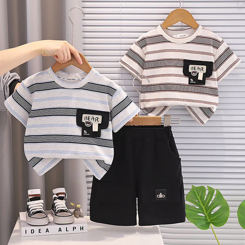 Boys' Summer Outfit 2026 New Style: Toddler Striped Short Sleeve Shirt with Pocket Shorts Two-Piece Set, Trendy and Stylish for Babies