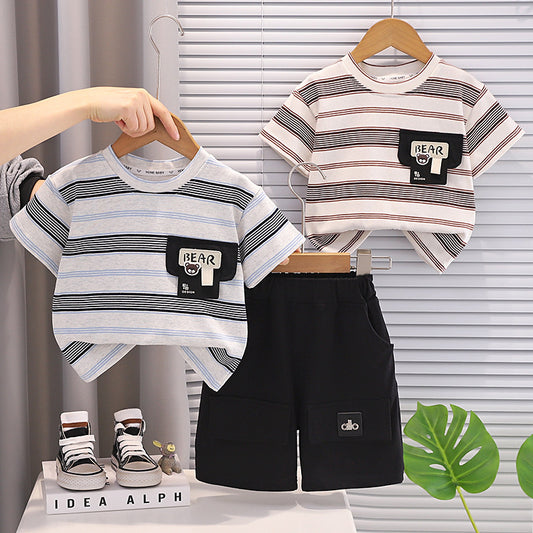 Boys' Summer Outfit 2026 New Style: Toddler Striped Short Sleeve Shirt with Pocket Shorts Two-Piece Set, Trendy and Stylish for Babies