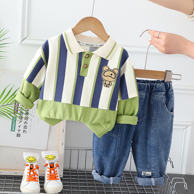 Boys' Spring Outfit 2025 New Stylish Toddler Boys and Girls Baby Striped Long Pants Two-Piece Set Wholesale