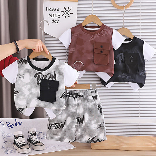 Boys' Summer Outfit 2026 New Fashionable Toddler Stylish Double Pocket Short Sleeve Baby Boy Two-Piece Set Trendy