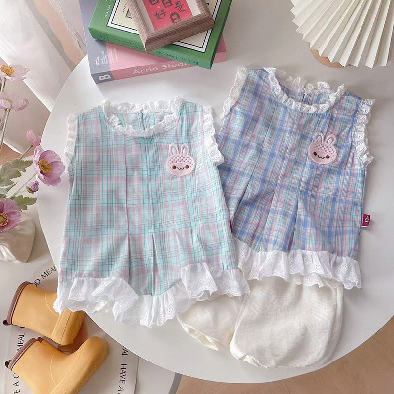 Girls' Outfit 2026 New Fashionable Colorful Plaid Rabbit Sleeveless Children's Clothing Baby Summer Two-Piece Set