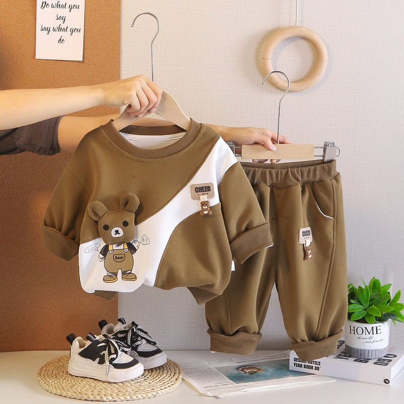 Baby Boy and Autumn 2026 New Fashionable Bear Sweatshirt Spring Cartoon Long Sleeve Two-Piece Set
