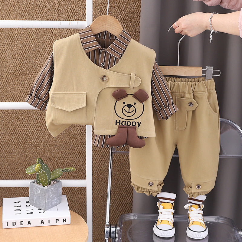 and Autumn Long Sleeve 2025 Spring New Workwear Bear Vest Three-Piece Set 1-5 Years Old Children's Clothing