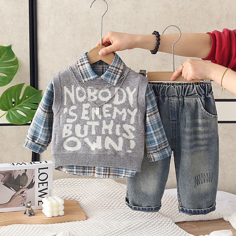 Baby clothes fashion Korean style full-body letter sweater three-piece set for one-year-old boys, trendy spring and autumn outfit