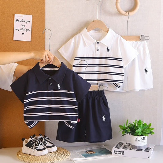 Boys' Summer Outfit: Children's Cartoon Striped Polo Shirt Short-Sleeve Shorts Two-Piece Set, Lightweight Clothing for Toddlers and Babies