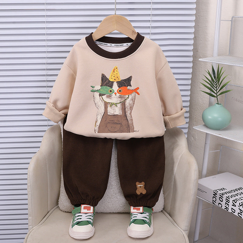 Boys' stylish kitten sweatshirt two-piece set, baby's autumn cool toddler cartoon clothing, trendy infant wear