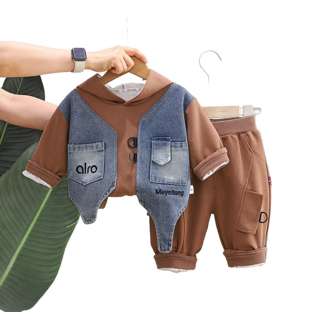 Children's clothing for spring and autumn, boys' denim fake vest two-piece toddler hooded sweatshirt top set, baby clothes
