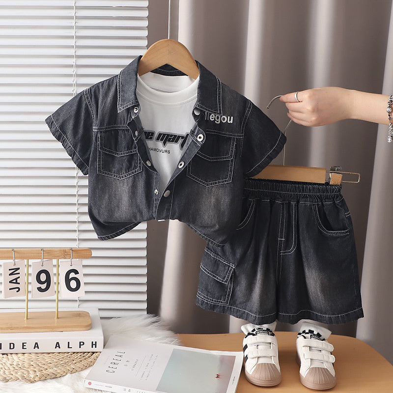 Children's Outfit 2026 Summer New Korean Style Boys' Stylish Short-Sleeve Letter Denim Baby Three-Piece Set