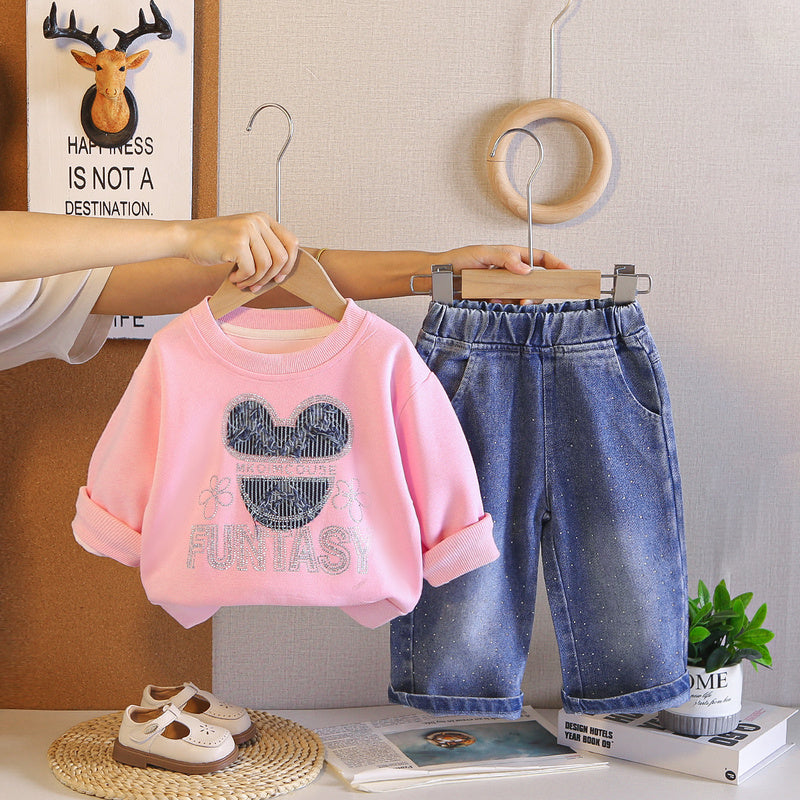 Girls' Autumn Cartoon Outfit 2026 Spring/Autumn New Casual Cat Head Sweatshirt Two-Piece Set Children's Baby Clothes