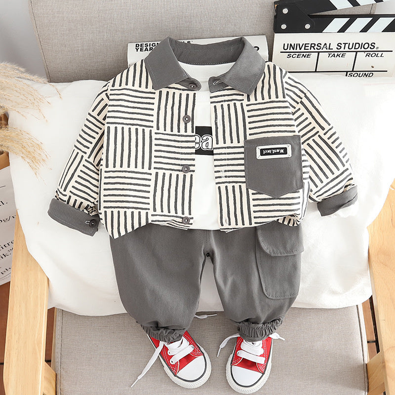Boys' Trendy Clothing 2 Spring and 1 Year Old 3 Baby Autumn Striped Shirt Three-Piece Set Infant Children's Clothes 4