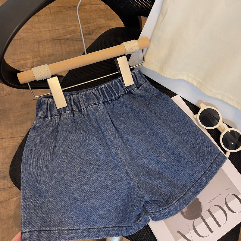 Cute Summer Two-Piece Set for Girls: Fashionable Collared Vest Top with Lace and Embroidered Jeans