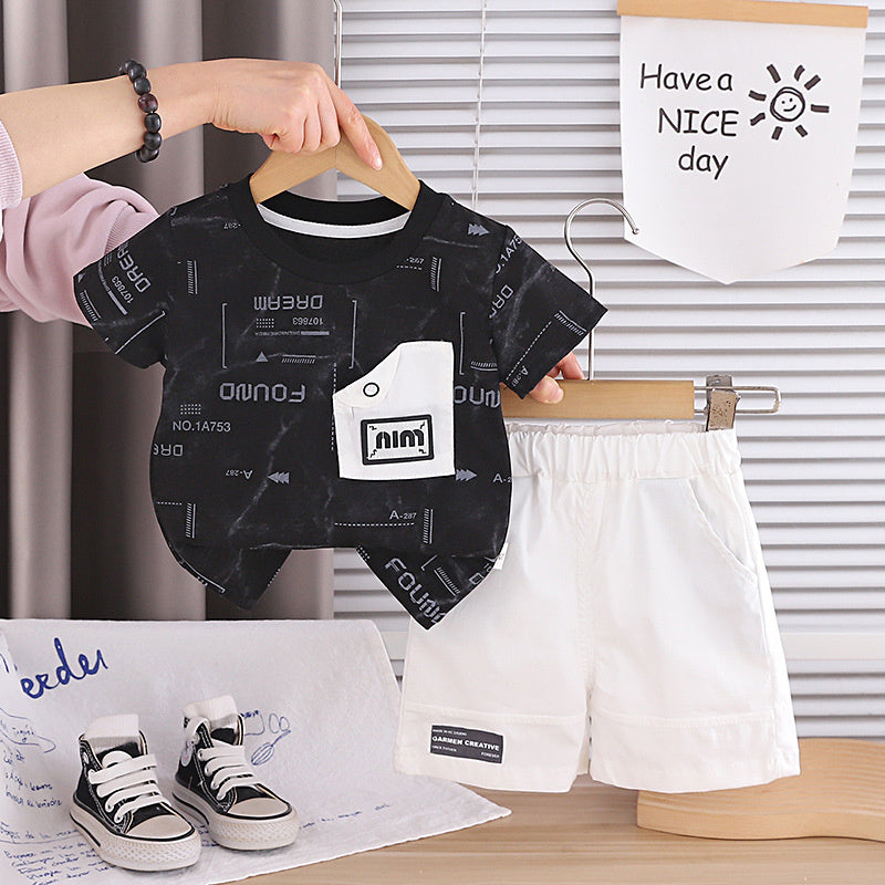 Boys' button pocket short-sleeve suit 2026 new style baby outfit infant children's clothing toddler summer clothes trendy