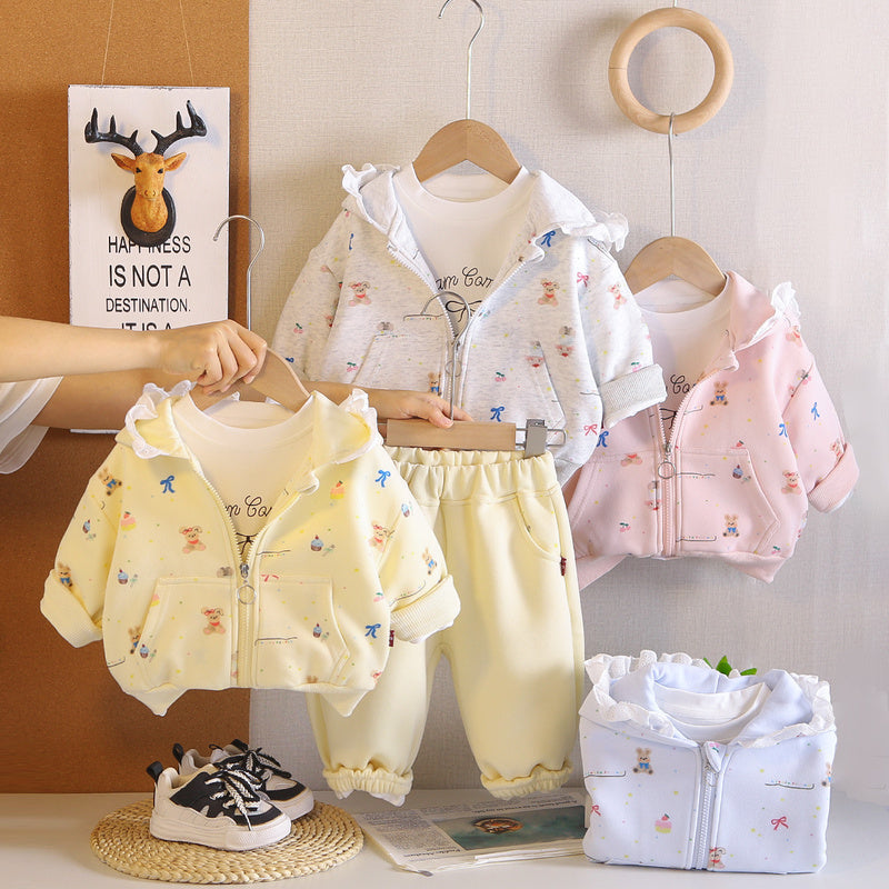 Girls' outfit with all-over bunny print jacket, stylish children's spring and wear, Korean-style casual three-piece set for baby girls in autumn