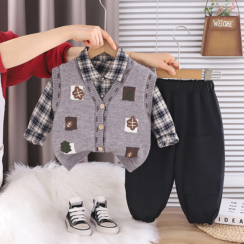 Outfit 2026 New Style Baby Boys' Spring and Autumn Fashionable Korean Version Square Vest Three-Piece Set
