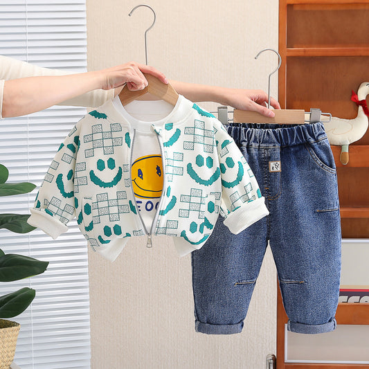 Boys' Suit Spring 2024 New Children's Clothing Autumn Baby Long Sleeve Three-Piece Set Stylish Korean Version Clothes Dropshipping