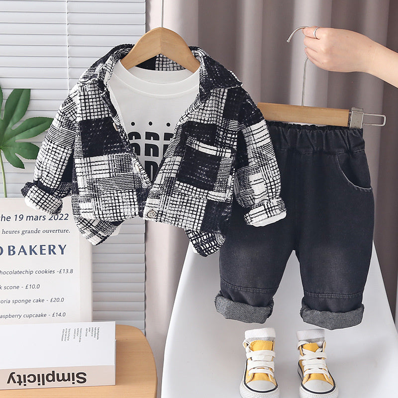 Boys' Suit Autumn 2026 New Spring Black and White Plaid Three-Piece Set Baby Clothes Stylish Jacket Children's Clothing