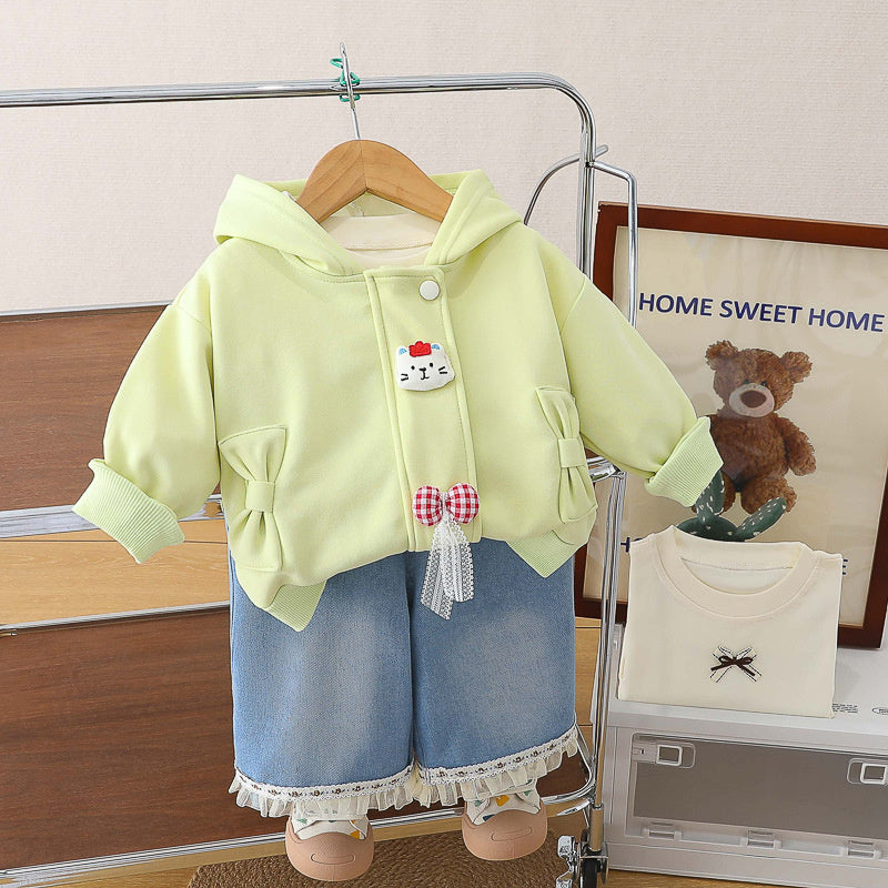 Girls' Spring Outfit 2026 New Fashionable Children's Crown Cat Three-Piece Set Little Girl Clothes Baby Coat