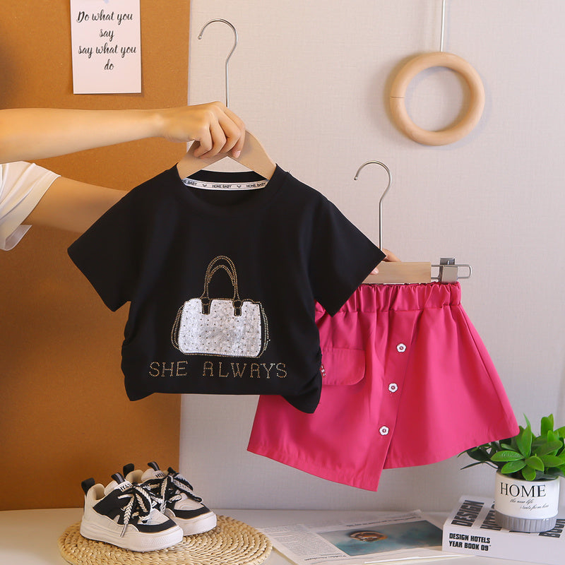 Girls' outfit 2026 new style children's clothing with rhinestone bag, short-sleeved summer fashion, stylish and trendy for baby girls