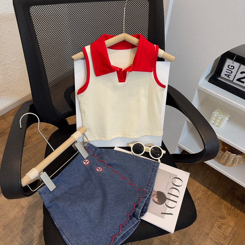 Cute Summer Two-Piece Set for Girls: Fashionable Collared Vest Top with Lace and Embroidered Jeans