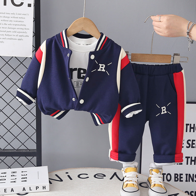 Children's Boys' and Autumn Clothing 2026 New Spring Fashionable Sporty Letter Baseball Outfit Three-Piece Set