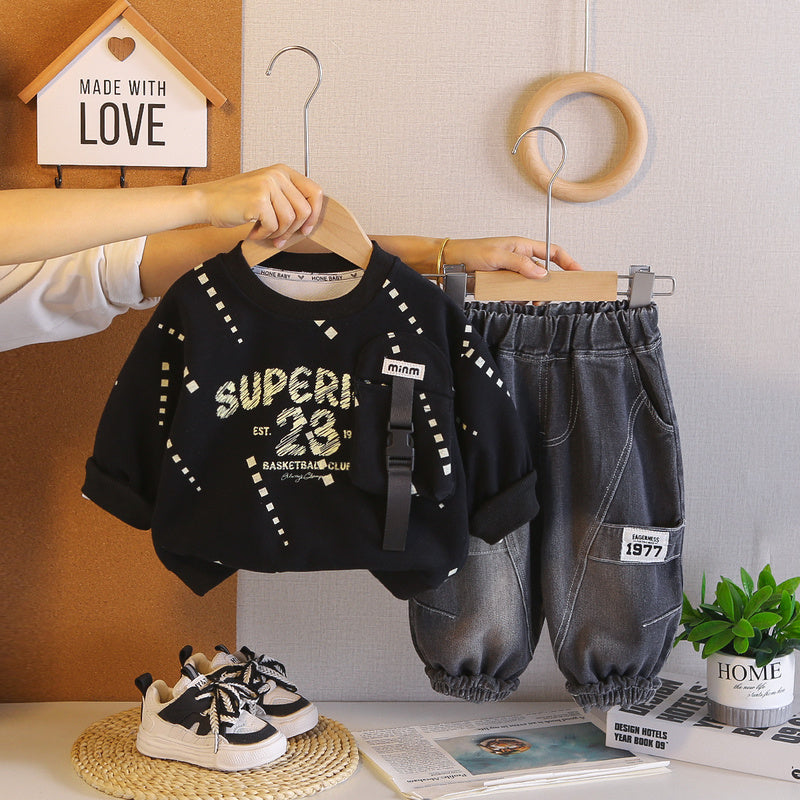 Boys' Outfit Baby 2026 New Fashionable Infant Spring and Autumn Letter Pocket Sweatshirt Two-Piece Set Trendy